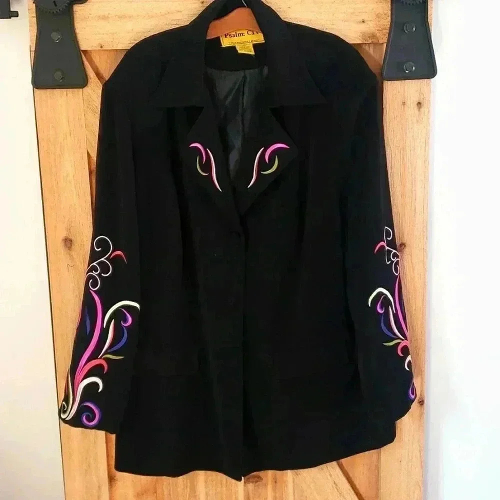 Vintage 80s Psalm CIV Black Blazer Statement Embroidered Jacket size 24W